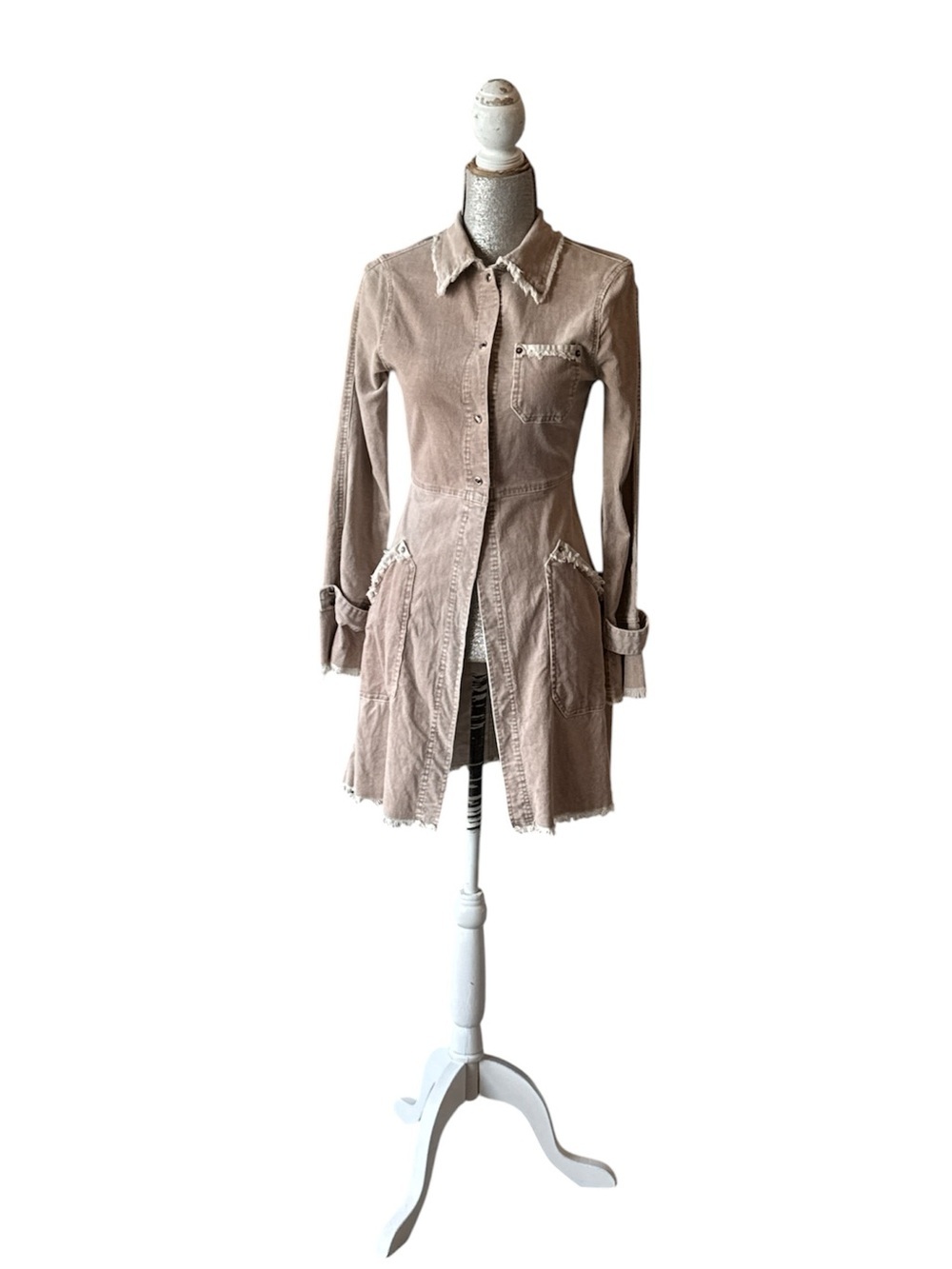 Riley Tan Corduroy Shirt Dress Pearl Snap Western Frayed Trim Size S